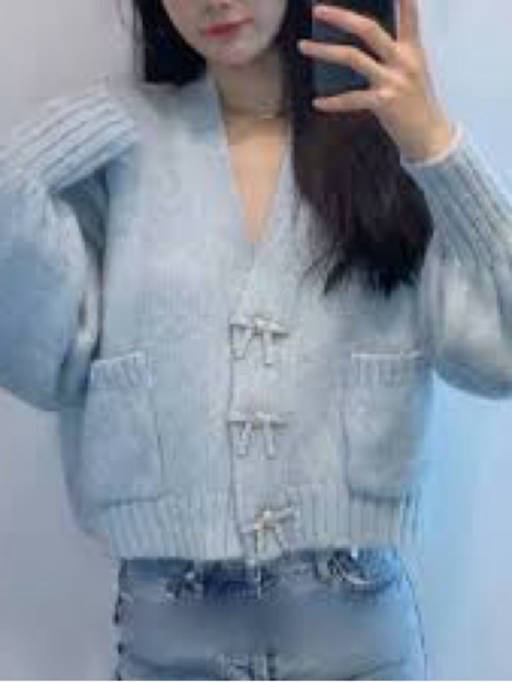 ZARA Jewel Bow Cardigan Sweater Baby Blue Coquette Blogger Favorite Preppy M - Picture 2 of 9